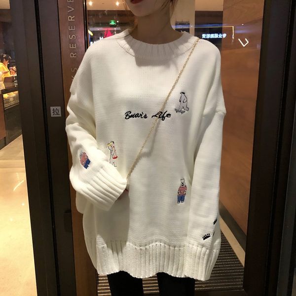 

sweater women 2020 autumn and winter new cute cartoon embroidery loose round neck pullover mid-length sweater women, White;black