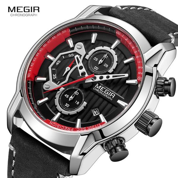 

megir men's army sports watches leather waterproof wristwatch man chronograph analogue watch man luminous relogio masculino 2104, Slivery;brown