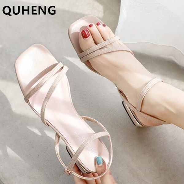 

women's sandals summer open toe simple women sandals square toe buckle high heels elegant kid leather party office shoes woman, Black