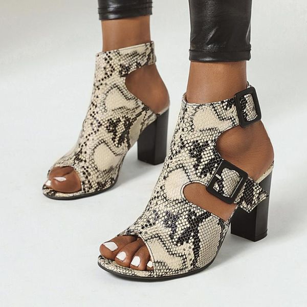 

snake print high heels sandals women 2020 summer cut out peep toe ankle boots 3 inch square heel shoes woman size 41 42 43, Black