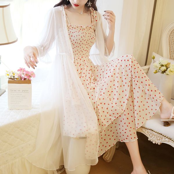 

new long sunscreen sling over overskirt chiffon cardigan + mid-length sling floral skirt two-piece dress, Black;gray