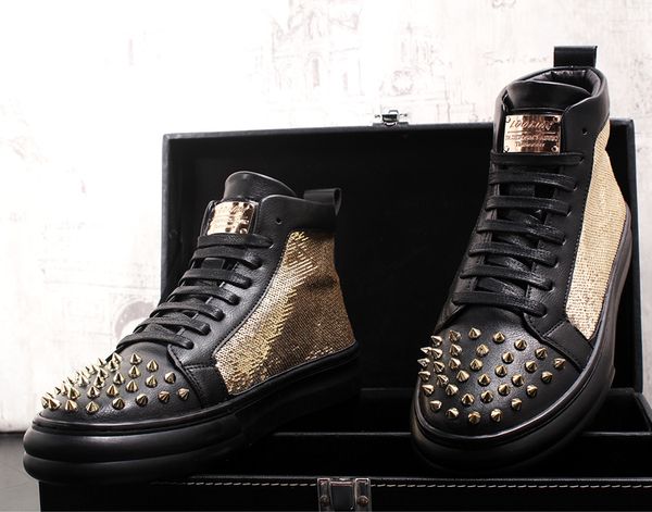 

new high men canvas casual shoes men vulcanized shoes autumn sneakers rivet rhinestone hip hop men's, Black