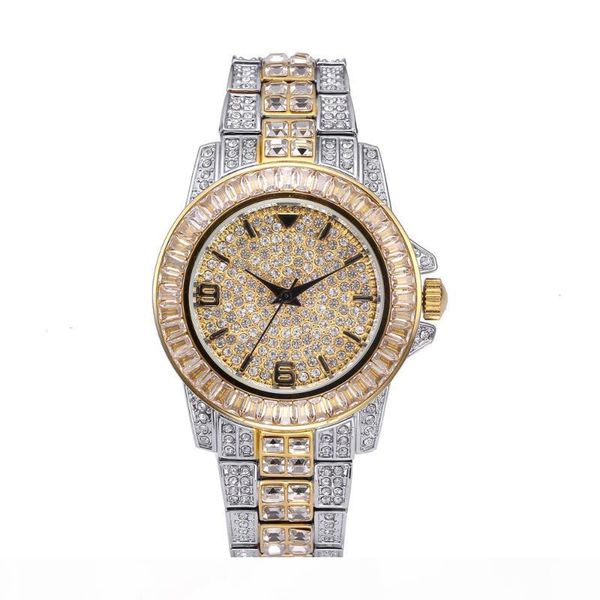 

brand iced out watch quartz gold hip hop wrist watches with micro pave cz stainless steel refined wristband clock hours, Slivery;brown