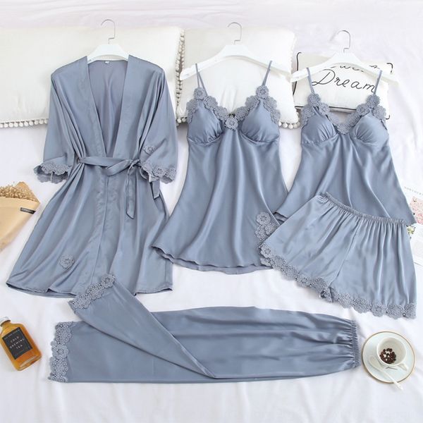 

ojxt6 ice silk women's spring and autumn five-piece set korean style silk-like suspender nightgown home clothes sling pajamas pajamas w, Blue;red