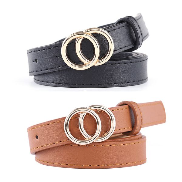 

fashion double ring circle button belt leisure jeans dress women leather belt girls narrow thin adjustable waist strap, Black;brown