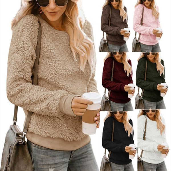 

2019 новая плюшевая шея свитера сплошного цвета свободного случайные длинный рукава свитера женской одежды, Black