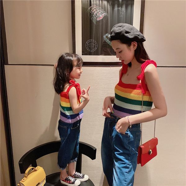 

8pgvr xu xiaola 2020 spring and sling sling summer parent-child clothing ins girls fashionable korean style rainbow striped knitted suspende, Blue