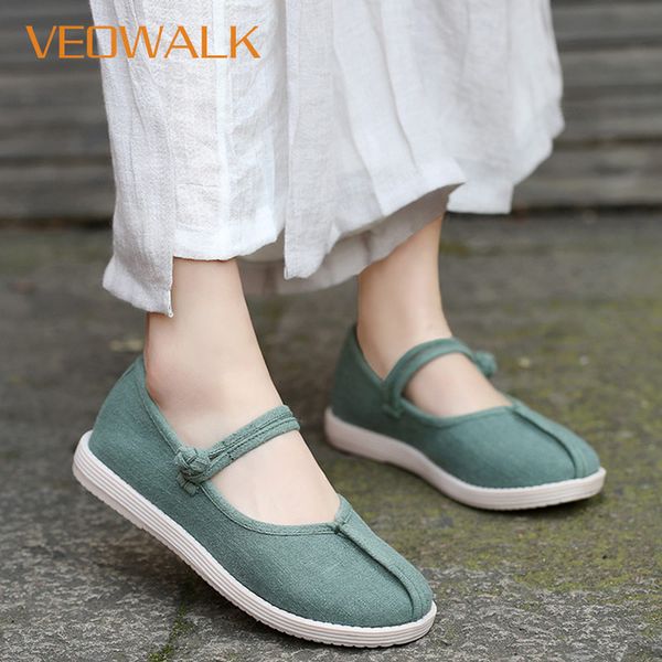 

veowalk handmade women linen cotton flat plaforms vegan ladies comfort soft canvas mary janes retro casual chinese hanfu shoes, Black