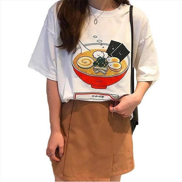 

japanese style summer 2020 women brand clothing comic cartoon kawaii ramen printed t shirt high street fashion casual tee, White
