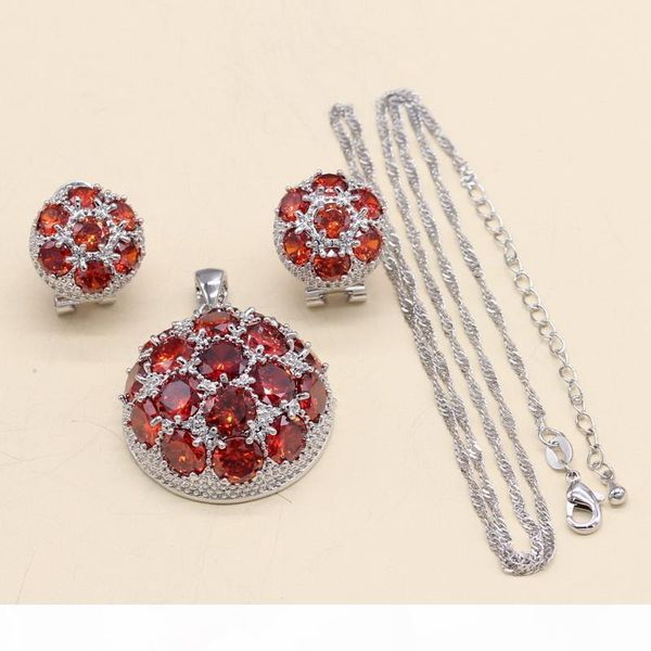 

925 silver stamped bridal jewelry set women bracelet earrings chains pendant round red cubic zirconia 2018 christmas gift, Black