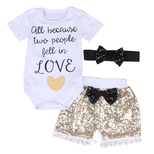 

pudcoco девочка мальчиков горячей одежда хлопок с коротким рукавом romper tops + золото блесток кисточки брюки + оголовье 3шта летних наряда, White