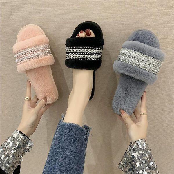Winter Moda Mulheres Casa Chinelos Faux Pele Quente Sapatos Deslize em Flats Decoração Diamante 1.5cm calcanhar mais tamanho 41
