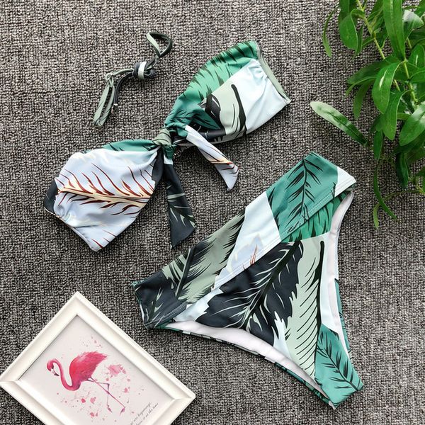 

new high waist bikinis 2020 woman green leaves printed swimsuit strapless two piece swimming suit women push up bikini set, White;black