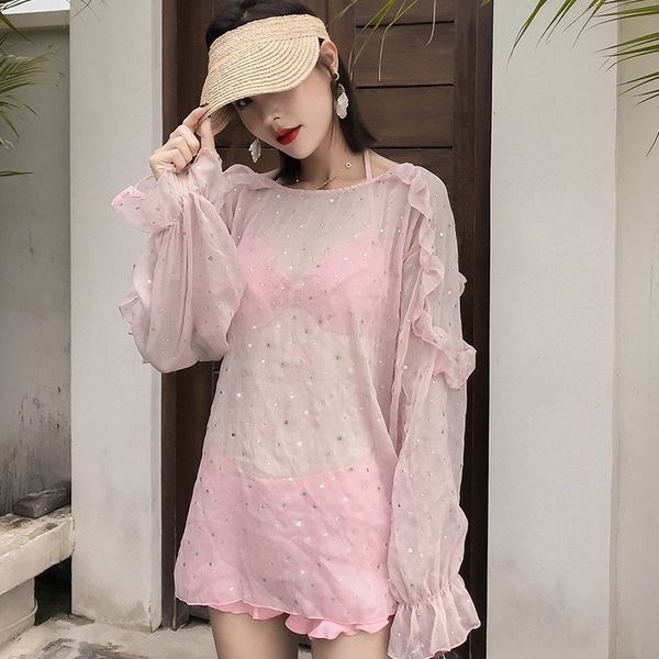 

розовый кружевной полым из женщин битнику расщепленный с длинными рукавами блузки слегка top купальник dew сексуальный из трех частей купаль, Black;red