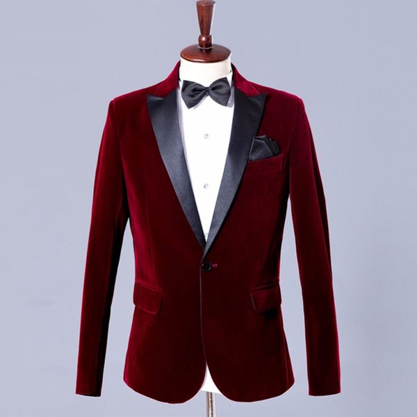

burgundy velvet blazer for men with black peaked lapel single one piece man suit jacket for wedding prom coat fashion clothes, White;black