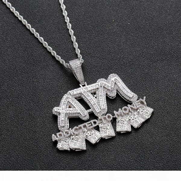 

iced out baguette atm letters pendant necklace addited to money gold color plated cubic zircon hip hop jewelry, Silver