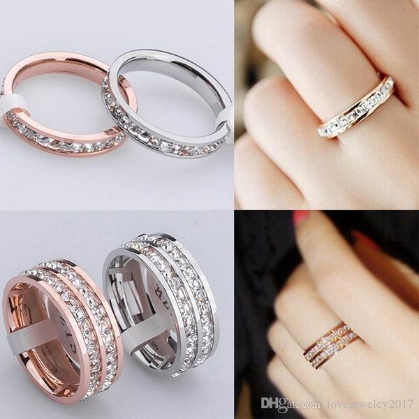 

rose gold single and double row small square diamond rings stainless steel 18k gold silver wedding band rings insert diamond fashion jewelry