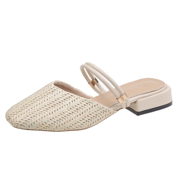 

women's pointed low heel slippers niufuni summer cane woven rattan grass sandals beach shoes women's slippers flat shoes slides, Black