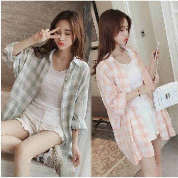 

hipster sunscreen 2020 summer loose long sleeve plaid shirt bfstyle mid-length casual shirt for women, White
