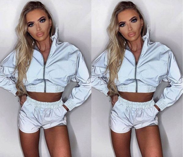 

fashion female women casual clothes sets reflective coat clubwear long sleeve casual jacket outwear crop bottons shorts, Gray