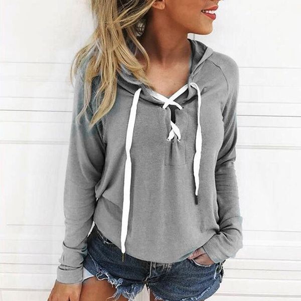 

autumn lace-up pullover hoodies women spring long sleeve solid female hooded pullover sweatshirt jumper ropa mujer, Black
