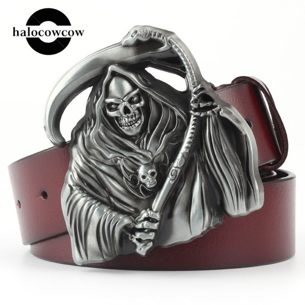 

punk rock metal buckle men belt genuine leather cowboy belts for mens cowskin strap ceinture homme cinto masculino, Black;brown