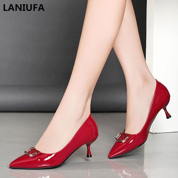 

women high heels shoes autumn women pu leather shallow slip on pointed toe high heels pumps party dress shoes mujer, Black