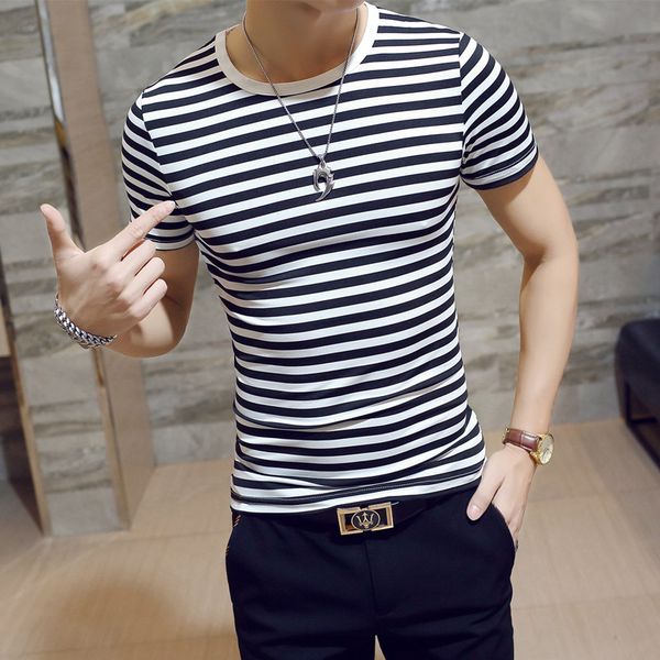 

t shirt summer men's short sleeve t-shirt slim round neck striped bottoming tshirt fashion kg-556, White;black