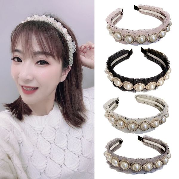 

women wave dot mesh big pearl jewelry hair hoop pleated ruffles wide bandana
