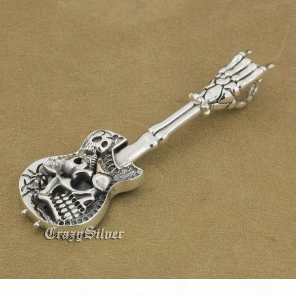 

linsion 925 sterling silver hand bone skull guitar pendant mens biker rock punk style 9m022 just pendant