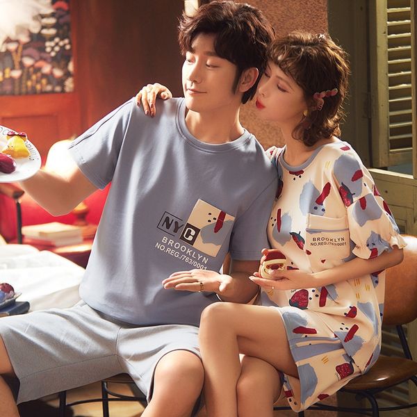 

pure cotton pajamas suit and wo korean cute home summer wear couple wear home clothes couple clothes men's and women's two-piece s, Blue;red