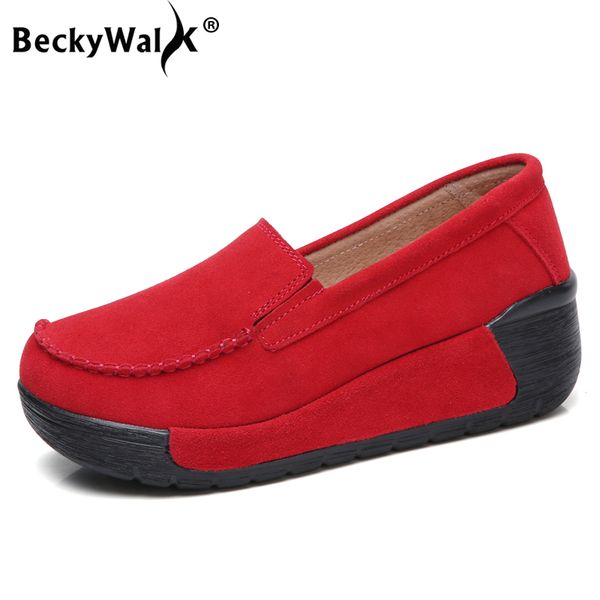 

beckywalk autumn women casual shoes suede leather platform sneakers slip on elegant shoes woman moccasins wsh2895, Black