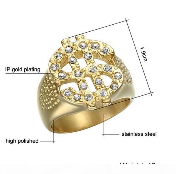 

e mens hip hop 316l stainess steel rings dollars sign iced out mens ring pop club accessories, Golden;silver