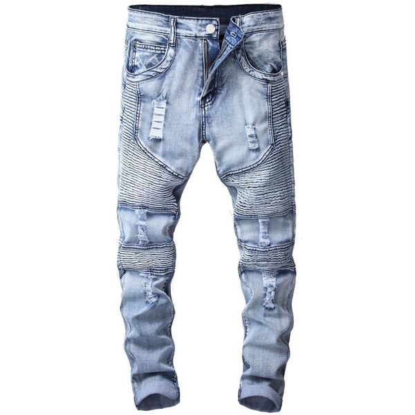 

distressed ripped jeans pleated motorcycle pants hole men's biker jeans fashion motorcycle denim pants mens elastic slim men mid, Blue