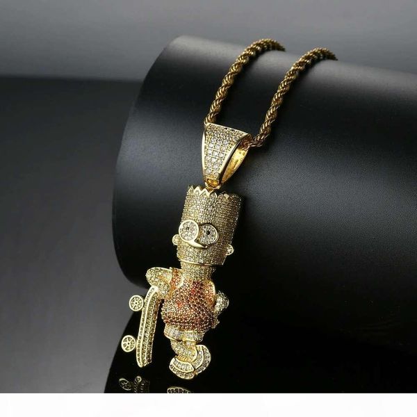 

hip hop simpson skate diamonds pendant necklaces for men western cartoon luxury necklace real gold plated copper zircons jewelry, Silver