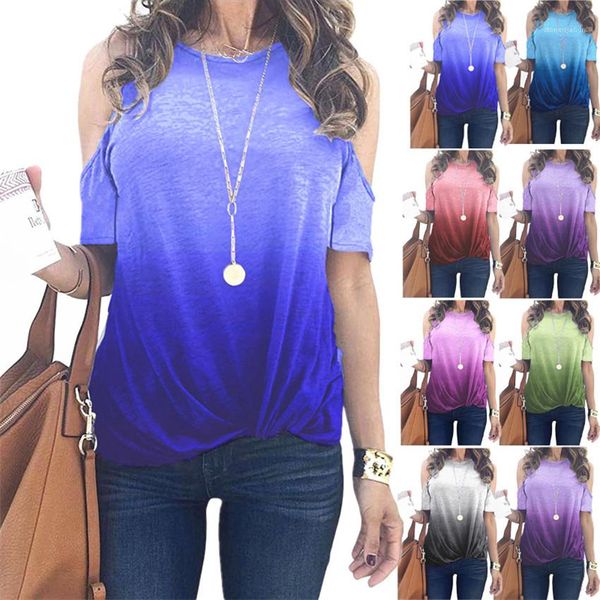 

woman tees gradient color women tshirts summer dew shoulder sleeve o-neck loose ladies casual designer, White