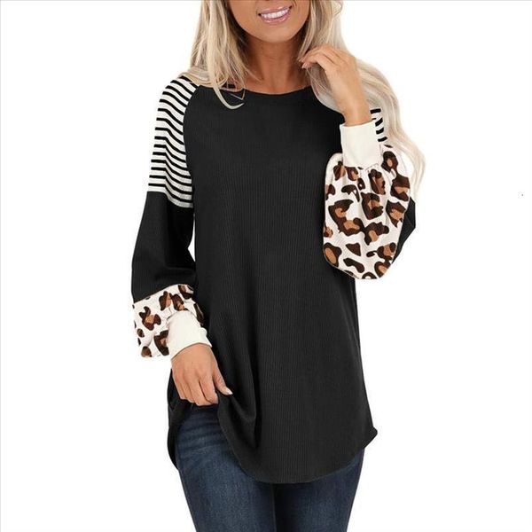 

leopard elegant womens tshirt blusas long lantern sleeve stripe patchwork casual colorblock clothes blusas shirts, White
