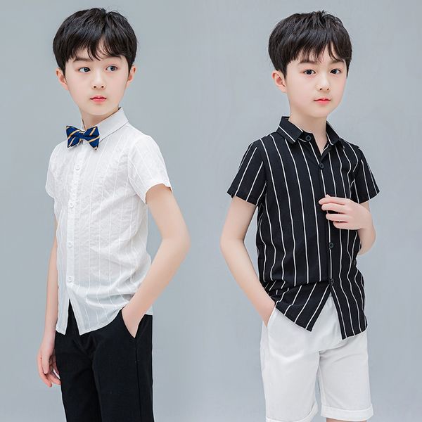 

boy's xia er duan xiu tong chen shan tong chen shan children's shirt baby black and white stripes shirt, White;black