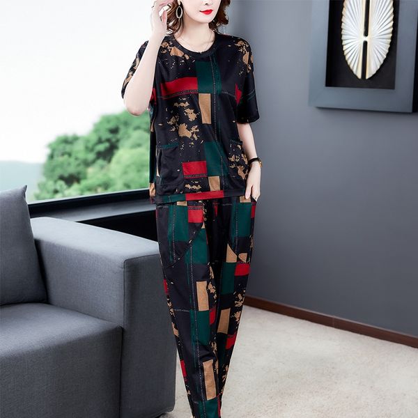 

mprrw women's summer large size casual pants suitsuit floral short-sleeved mom two-piece suit breathable belly covering 40-50 fat  cas, Gray