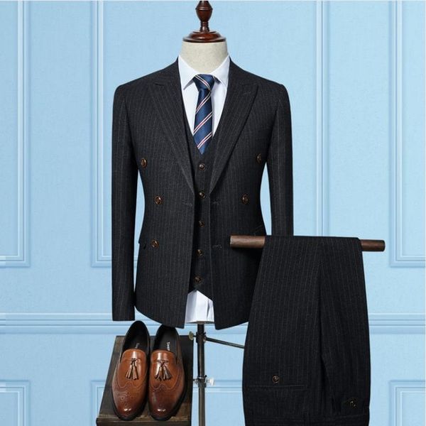 

2020 black stripe mens double-breasted suit fall winter slim fit custom made male business suits 3 piece set (jacket+vest+pants, White;black