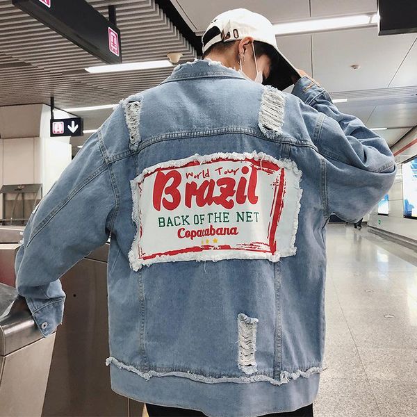 

мода мужская ins обветшал hole denim пальто весна осень улица хип-хоп жан пальто стиль bf потерять мужчины стилист джинсовых курток s-xxxl, Black;brown