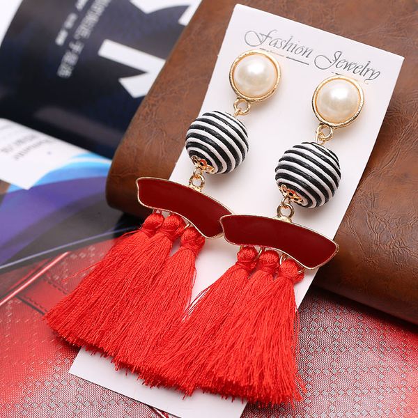 

jouval fashion tassel earrings for women simulated pearl vintage stripe cotton jewelry big statement drop earrings female brinco, Silver