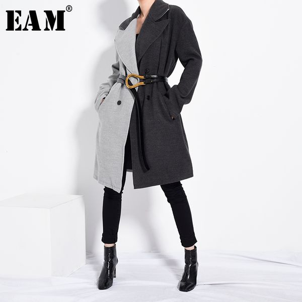 

eam] loose fit black contrast color big size woolen coat parkas new long sleeve women fashion tide autumn winter 2020 jc96901
