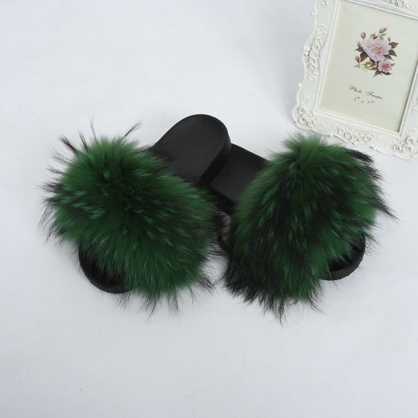

jancoco 2019 new raccoon wide luxury soft fluffy slippers fur slides wholesale, Black
