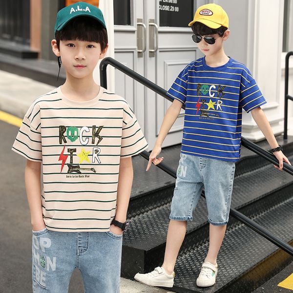 

il3lo 2020 boys' summer cotton short sleeve medium children's t-shirt and large children's striped cartoon printed undershirt, Blue