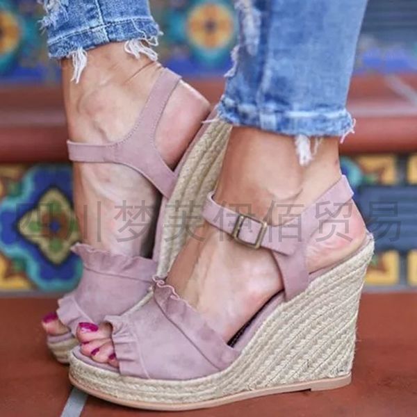 

fashion summer casual women sandals wedges buckle strap front rear strap shoes ankle peep toe high ladies sandals, Black