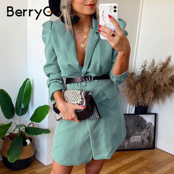 

berrygo button blazer dress straight women puff sleeve casual high waist belt green dress elegant 2020 solid office ladies, Black;gray