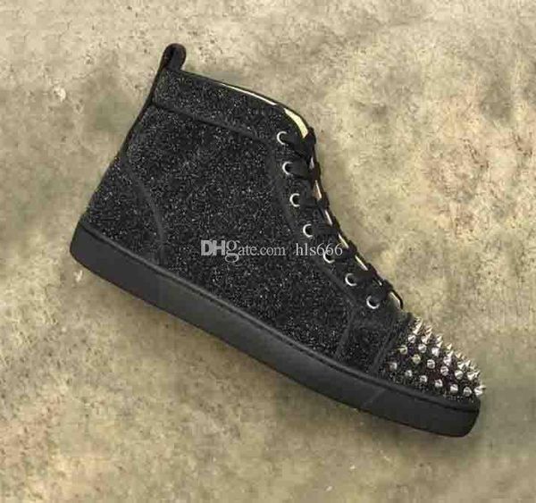 

designer fashion luxury red bottom studded spikes flats shoes for men women grey glitter party lovers genuine leather casual sneakers, Black