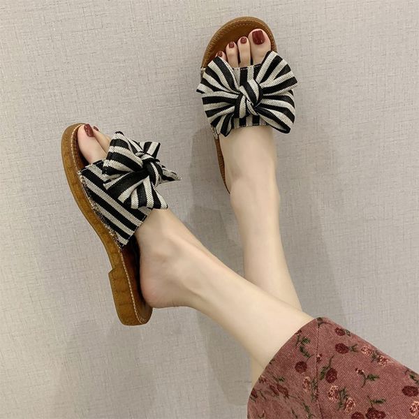 

2020 women slippers woman knot slides low heels casual women's stripe bowtie woman beach shoes female comfortable footwear, Black