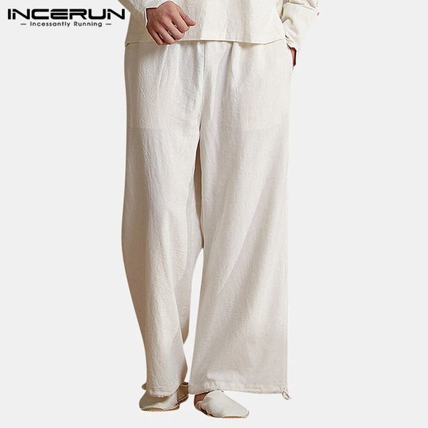 

incerun vintage men pants solid color cotton joggers baggy elastic waist wide leg pants pockets streetwear casual trousers men, Black